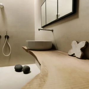 Develine RQ Superfine Microcement in beige tones applied to a modern residential bathroom